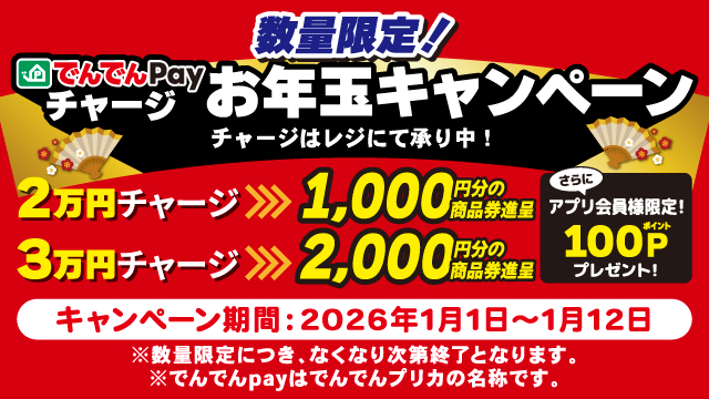 1/1～1/12【数量限定】でんでんpayチャージお年玉キャンペーン